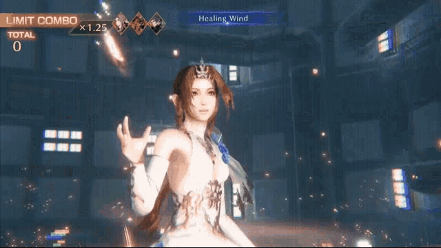 a video game screen shows a woman in a white dress and the words limit combo and total