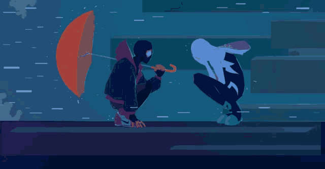 a man holding an orange umbrella next to another man