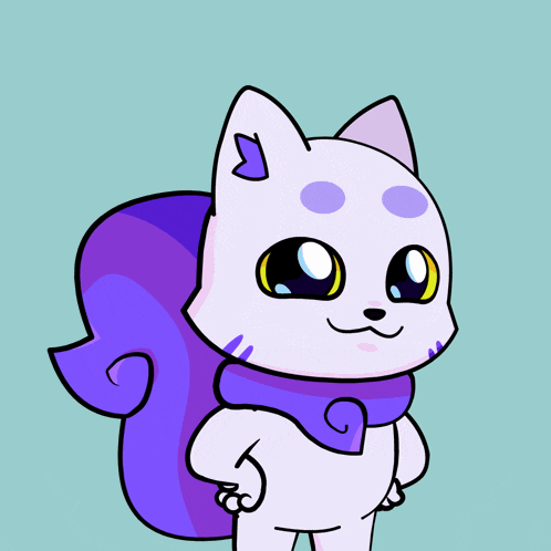 a cartoon drawing of a white cat with purple spots on it