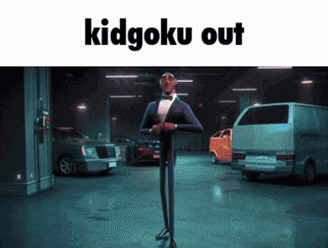 a man in a tuxedo is standing in a parking garage with the words kidgoku out written above him