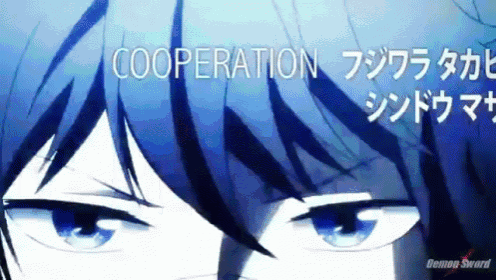 a close up of a person 's face with the words cooperation written above it
