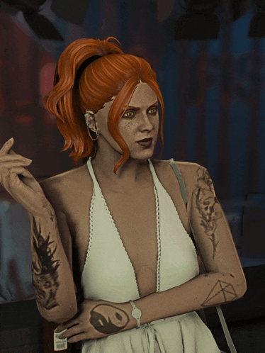 a woman with red hair has a tattoo on her arm that says ' a '