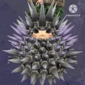 a video game character with purple spikes and the letter k on the bottom right