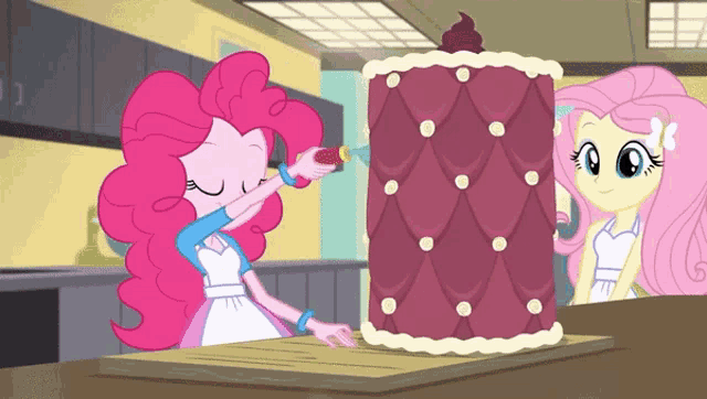 a cartoon of pinkie pie and fluttershy looking at a large cake