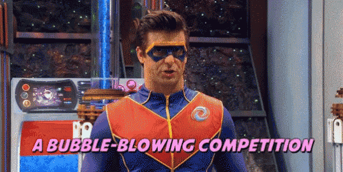 a man in a superhero costume with the words a bubble blowing competition below him