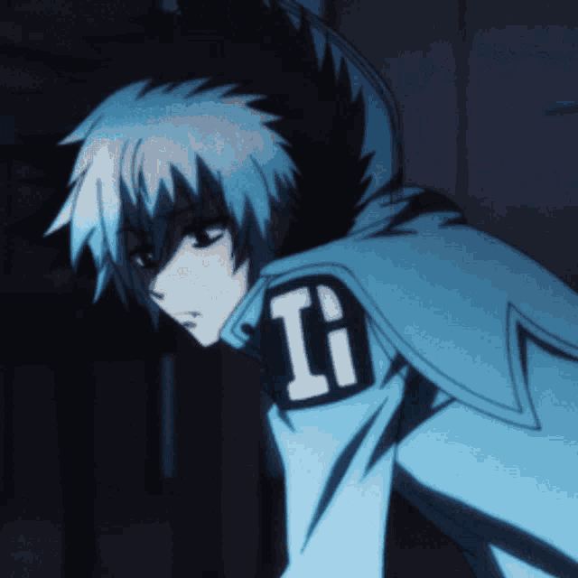 a blue anime character with the letter i on his sleeve