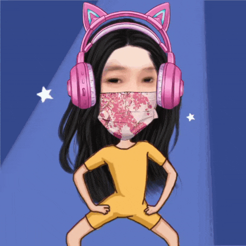 a girl wearing a face mask and headphones with a star in the background