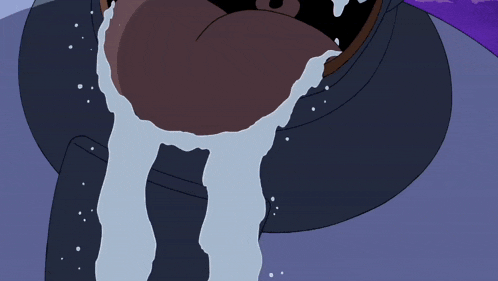 a close up of a cartoon character 's mouth with a tear coming out of it