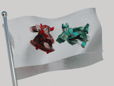 a flag with two cartoon characters on it one of which is on a skateboard