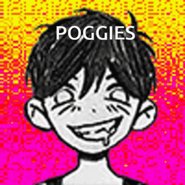 a black and white drawing of a boy with a smile on his face and the words `` poggies '' .