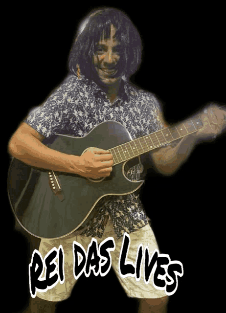 a man playing a guitar with the words rei das lives written on the bottom