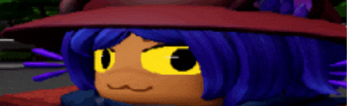 a video game character with blue hair and yellow eyes