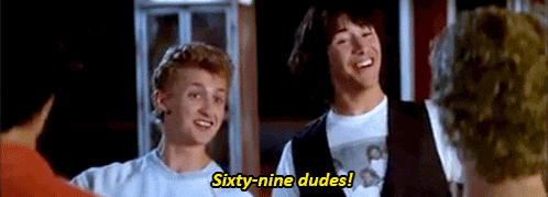a group of young men are talking to each other and one of them is saying sixty-nine dudes .