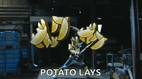 a man in a superhero costume is holding a potato lays sign in front of him