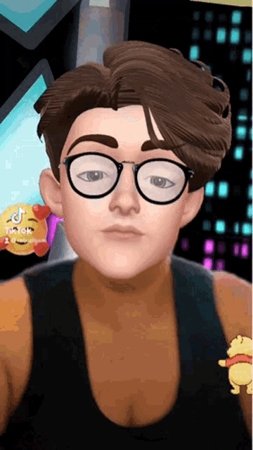 a man wearing glasses and a black tank top has a tik tok sticker on his shoulder