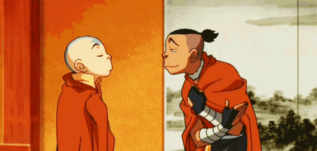 two cartoon characters are standing next to each other and one has a shaved head