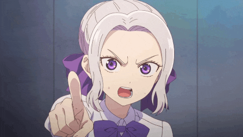 a girl with white hair and purple eyes points her finger at the camera