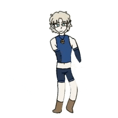 a cartoon of a boy in a blue shirt and shorts dancing .