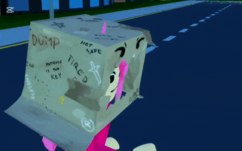 a cartoon character with a box on her head that says dump