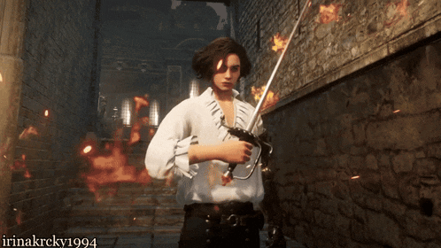 a woman holding a sword in front of a brick wall with irinakrcky1994 written on the bottom of the image