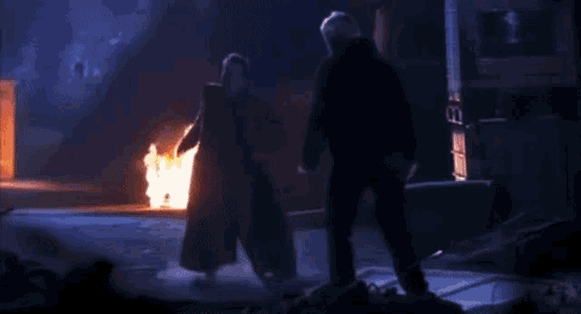 two men are standing in front of a fire at night .