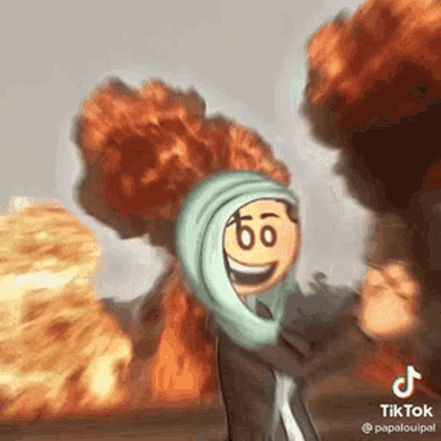 a cartoon character wearing a hijab is standing in front of a fire explosion .