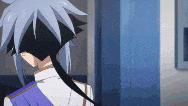 a cartoon character with blue hair and a purple jacket stands in front of a blue door