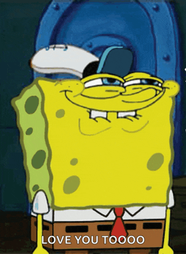 a cartoon of spongebob saying " love you toooo " in front of a blue door