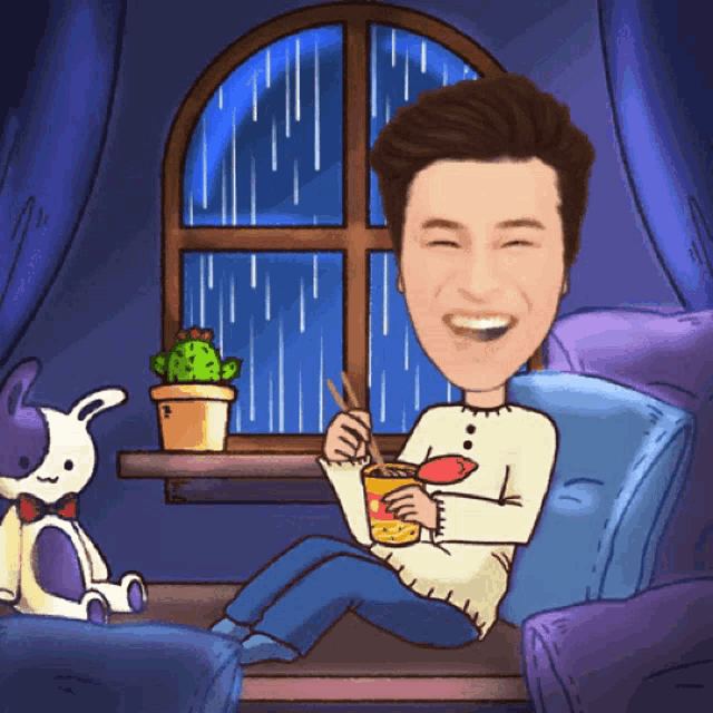 a cartoon of a man sitting in front of a window with a cactus in a pot
