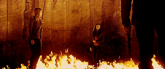 a group of people standing around a large fire