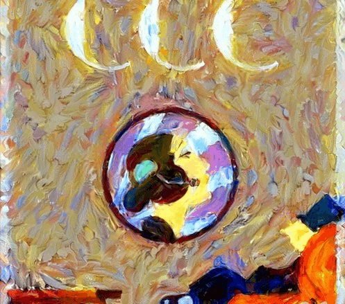 a colorful painting of a globe with crescent moons in the background