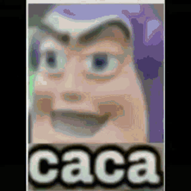 a close up of buzz lightyear 's face with the word caca in the bottom right corner .