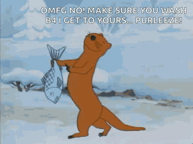 a cartoon of an otter carrying a fish with the caption omfg no