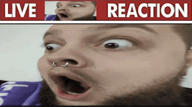 a man with a beard is making a funny face in front of a banner that says live reaction