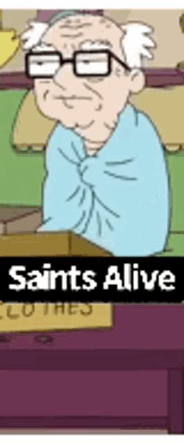 a cartoon of an elderly man wearing glasses is sitting at a table .