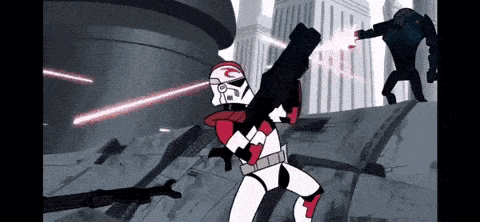 a cartoon of a clone trooper holding a gun with a laser beam coming out of it .