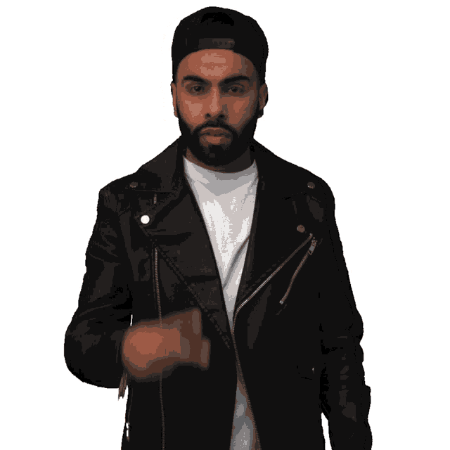 a man wearing a black hat and a leather jacket points his finger