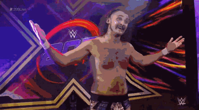 a man without a shirt is standing in front of a wwe logo