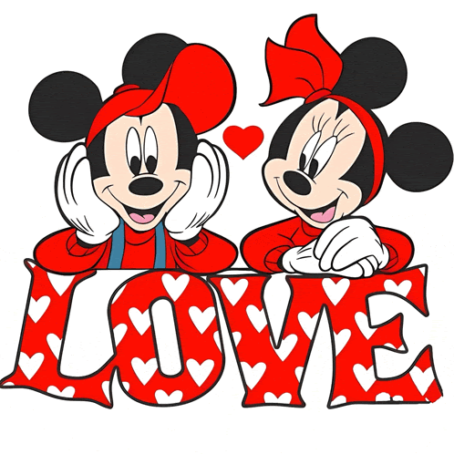 mickey mouse and minnie mouse are leaning on the word love