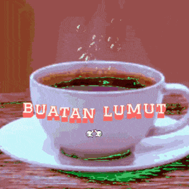 a cup of coffee on a saucer with the words buatan lumut on it