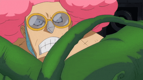 a cartoon character with pink hair and glasses is surrounded by green leaves