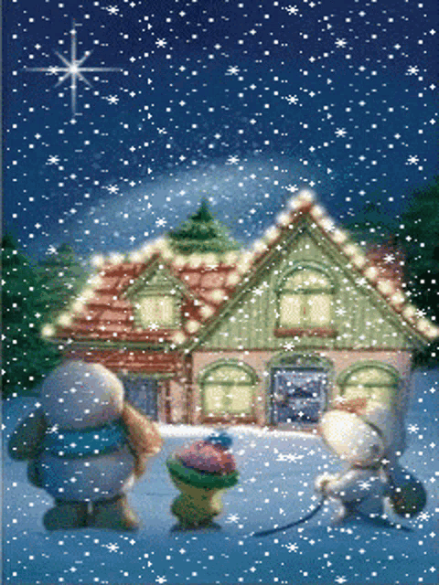 two teddy bears are standing in front of a house in the snow