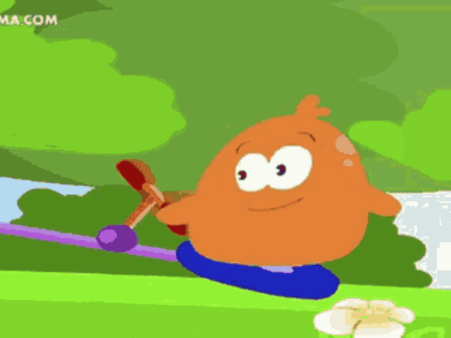 a cartoon character is holding a purple ball and a purple stick ..
