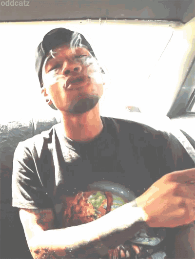 a man smoking a cigarette in a car with oddcatz on the bottom right