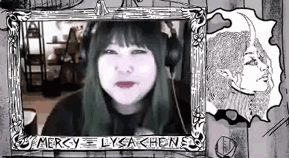 a woman wearing headphones is sitting in front of a picture frame with a drawing of a woman 's face .