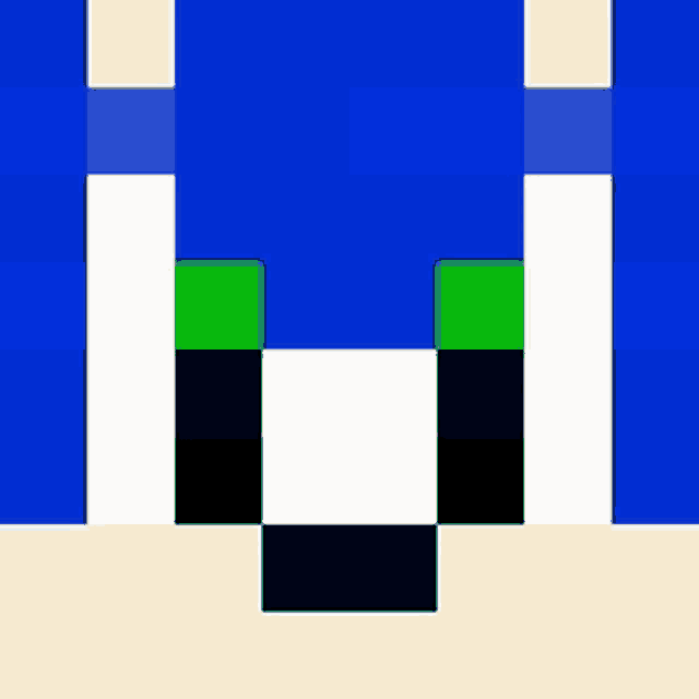 a pixel art of a person 's face with blue , white and green blocks .