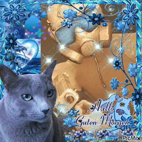 a picture of a cat and flowers with the words hallo guten morgen