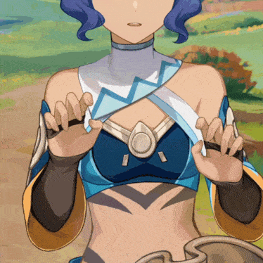 a close up of a cartoon character 's torso with a blue and white top