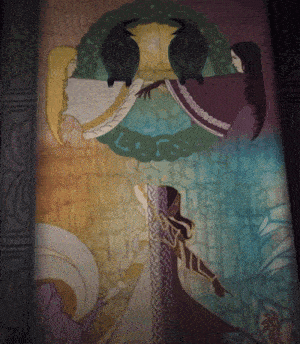 a painting of a woman and two birds with a celtic pattern