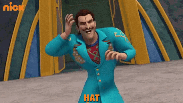 a cartoon character with the word hat written on the bottom